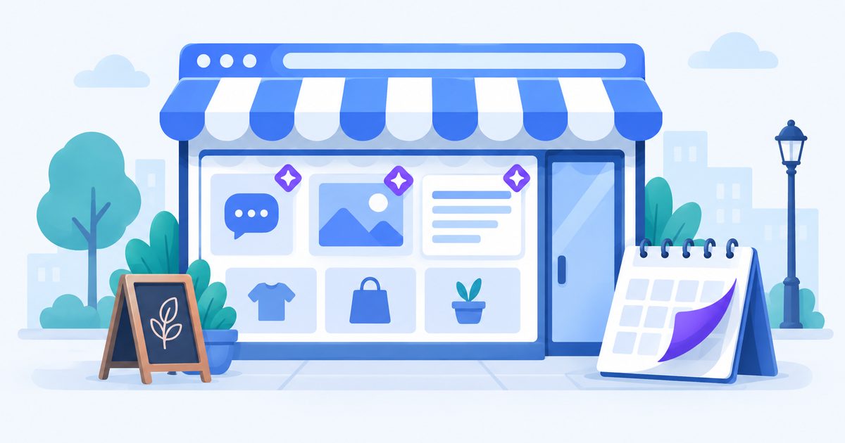 Une boutique dont la vitrine est un site web : un chat, une image et un texte y portent une étincelle violette, à côté d'un calendrier.
