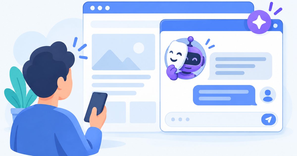 Un visiteur face à un chatbot dont le masque souriant glisse pour révéler un robot, signalé par une étincelle violette.