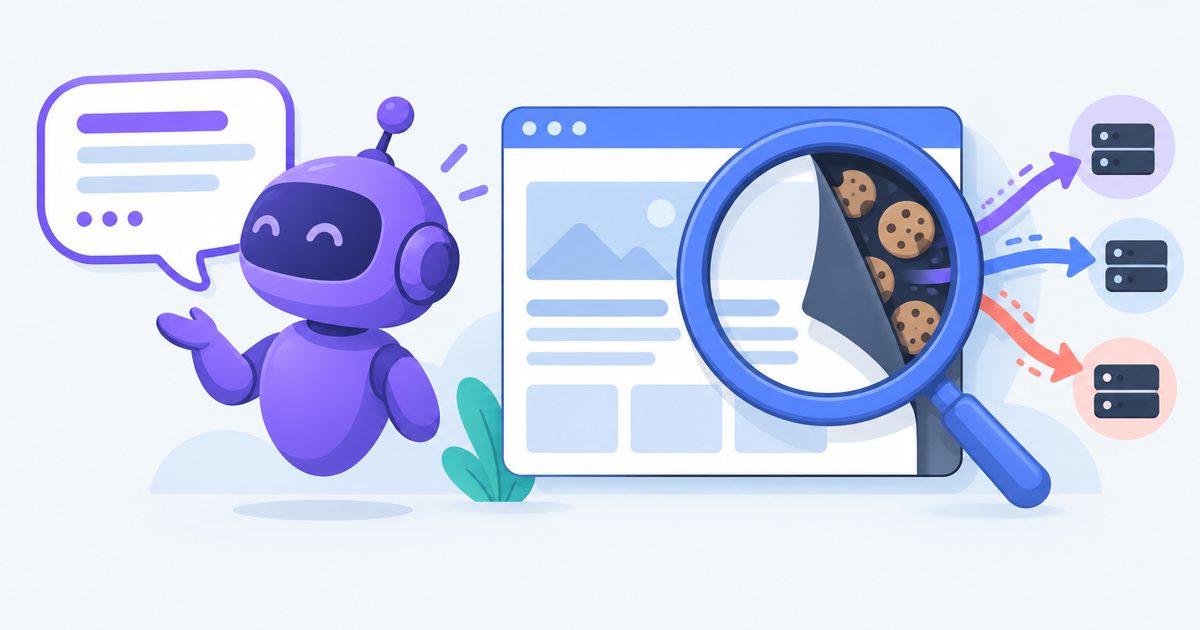 Un assistant IA parle à côté d'une page web ; une loupe révèle les cookies et les requêtes que la page envoie sans qu'il les voie.