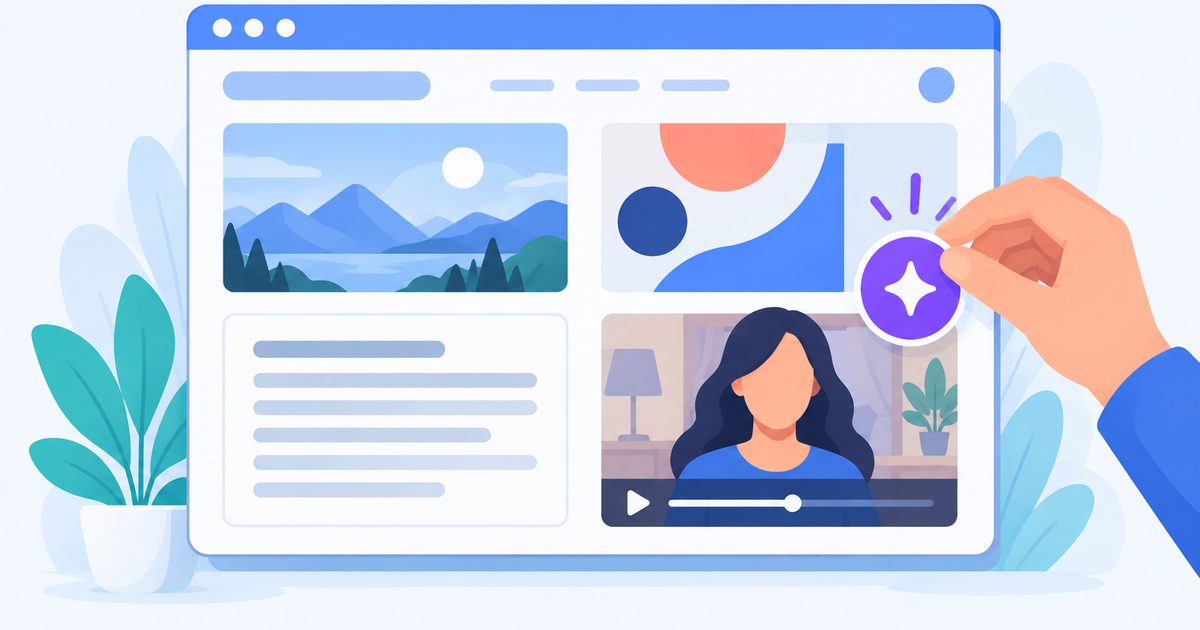 Une main pose une étincelle violette sur la seule vidéo qui imite une vraie personne, parmi les contenus d'une page de blog.