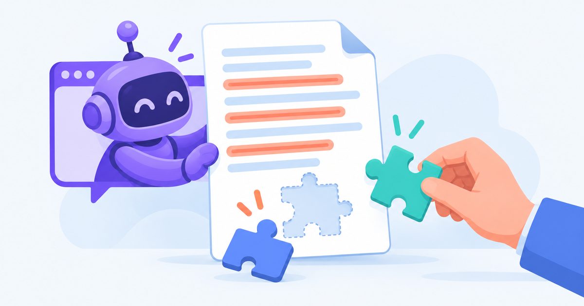 Un robot IA produit un document dont plusieurs lignes sont surlignées ; une main apporte la pièce de puzzle qui manque.